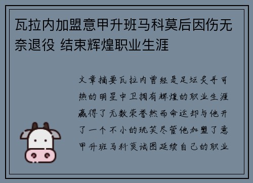 瓦拉内加盟意甲升班马科莫后因伤无奈退役 结束辉煌职业生涯 瓦拉内加盟意甲升班马科莫后因伤无奈退役 结束辉煌职业生涯